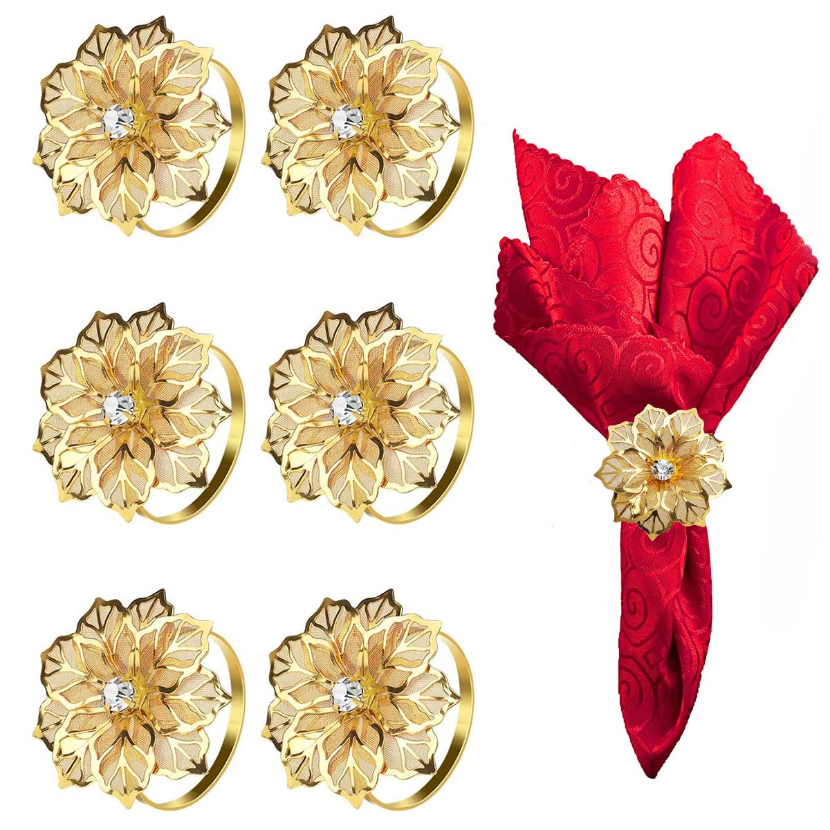 HASTHIP 6 Pcs Napkin Rings for Dinners Table Flower Rhinestone Metal Gold Napkin Holder Table Napkin Rings for Parties Wedding Everyday Dinner Decor HASTHIP 6 Pcs Napkin Rings for Dinners Table Flower Rhinestone Metal Gold Napkin Holder Table Napkin Rings for Parties Wedding Everyday Dinner Decor